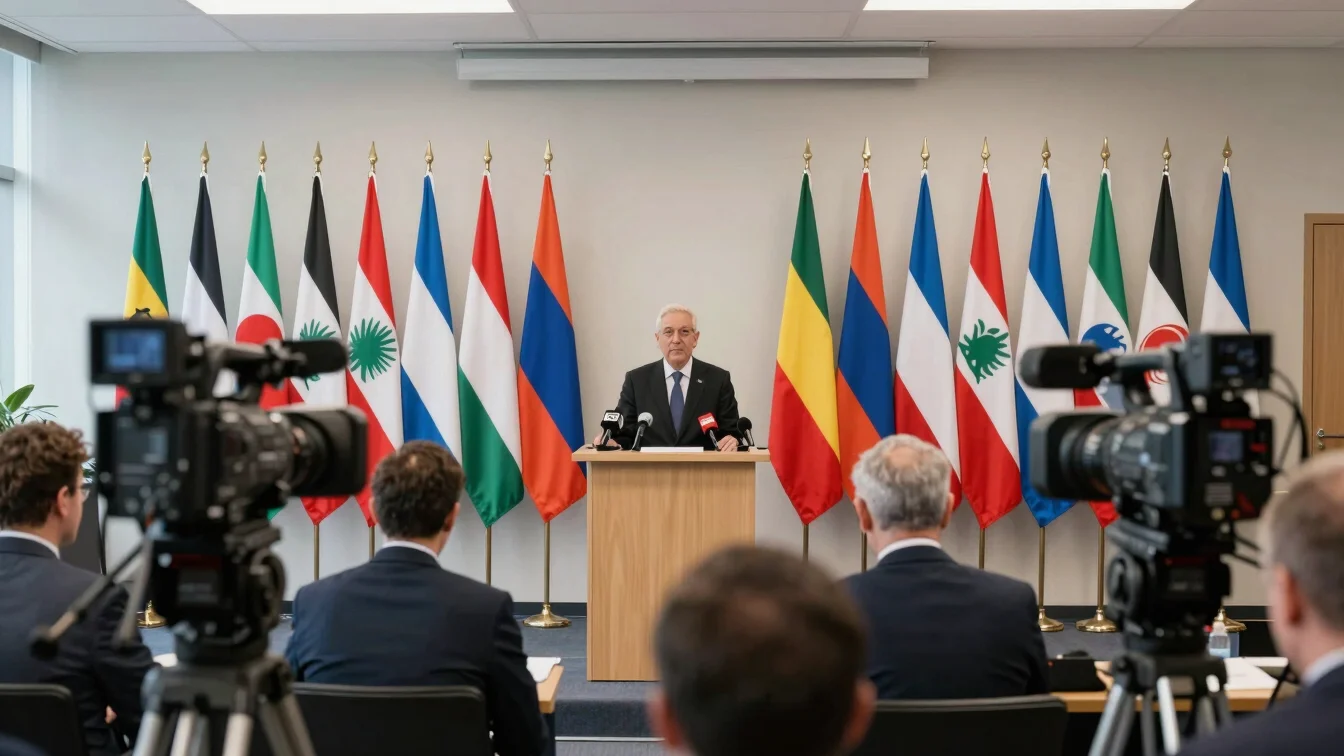 Press briefing room with international flags and microphones in s