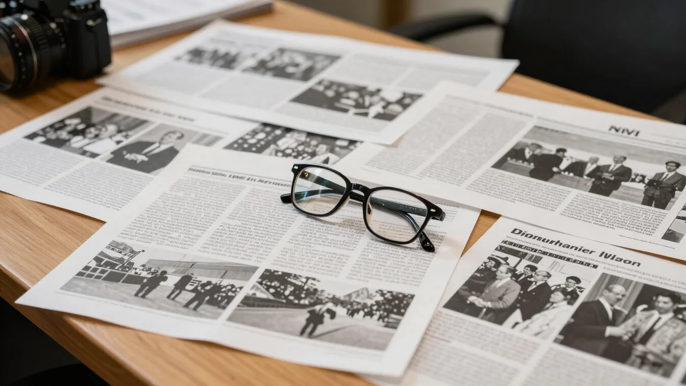 Documentary archival papers and reports spread on a wooden journa
