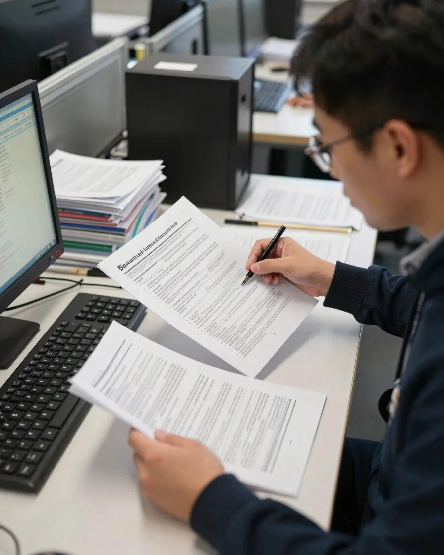 Journalist reviewing verified press documents and official reports under natural desk illumination, documentary framing